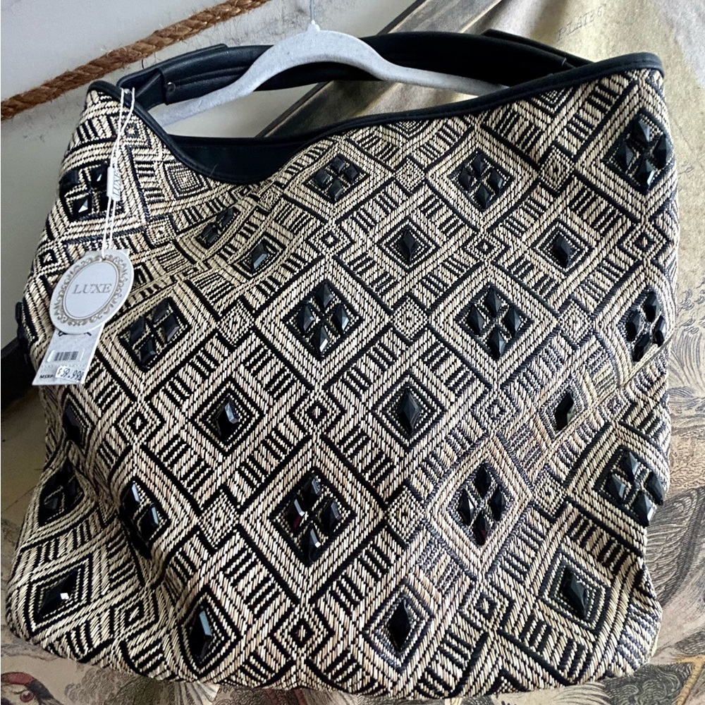 * New LUXE Bag Abstract Print Tan Black Woven *